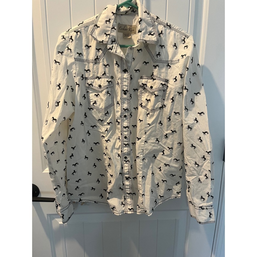 Cedar Rose Womens White Black Horse Print Western Snap Front Shirt Cotton Large
